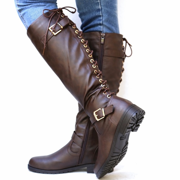 New Brown Lace Up Western Knee High Riding Boots - Picture 2 of 5